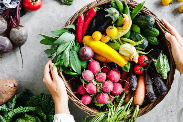 Assorted fresh vegetables arranged on a kitchen counter